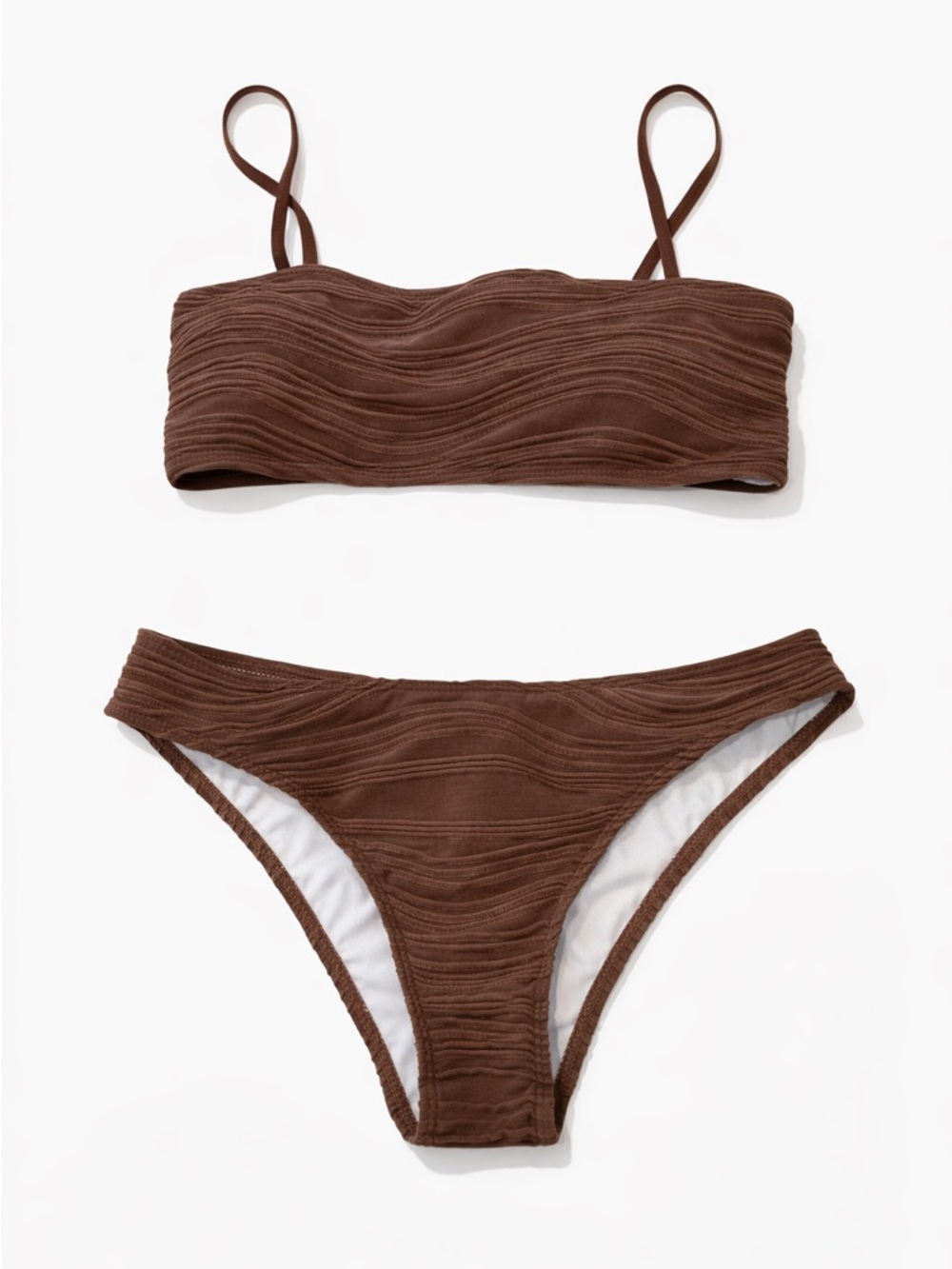 Brown Textured Bandeau Bikini Set